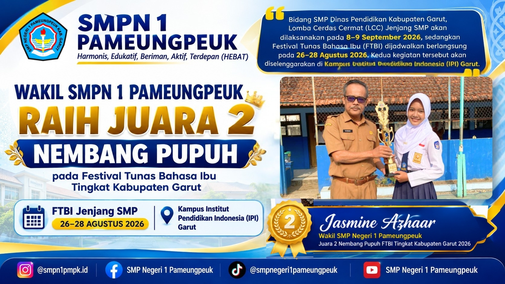 Wakil SMPN 1 Pameungpeuk Raih Juara 2 Nembang Pupuh pada Festival Tunas Bahasa Ibu Tingkat Kabupaten Garut